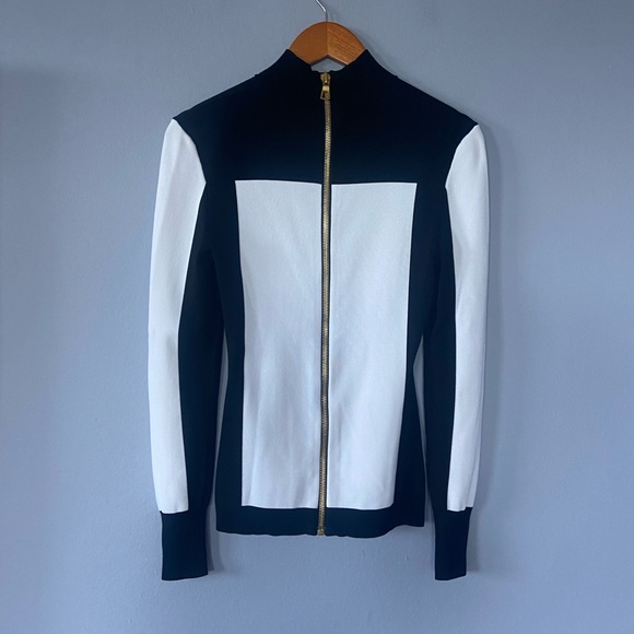 Balmain x H&M Black & White Colorblock Mock Neck Exposed Zipper Top Size 8 - Picture 7 of 11